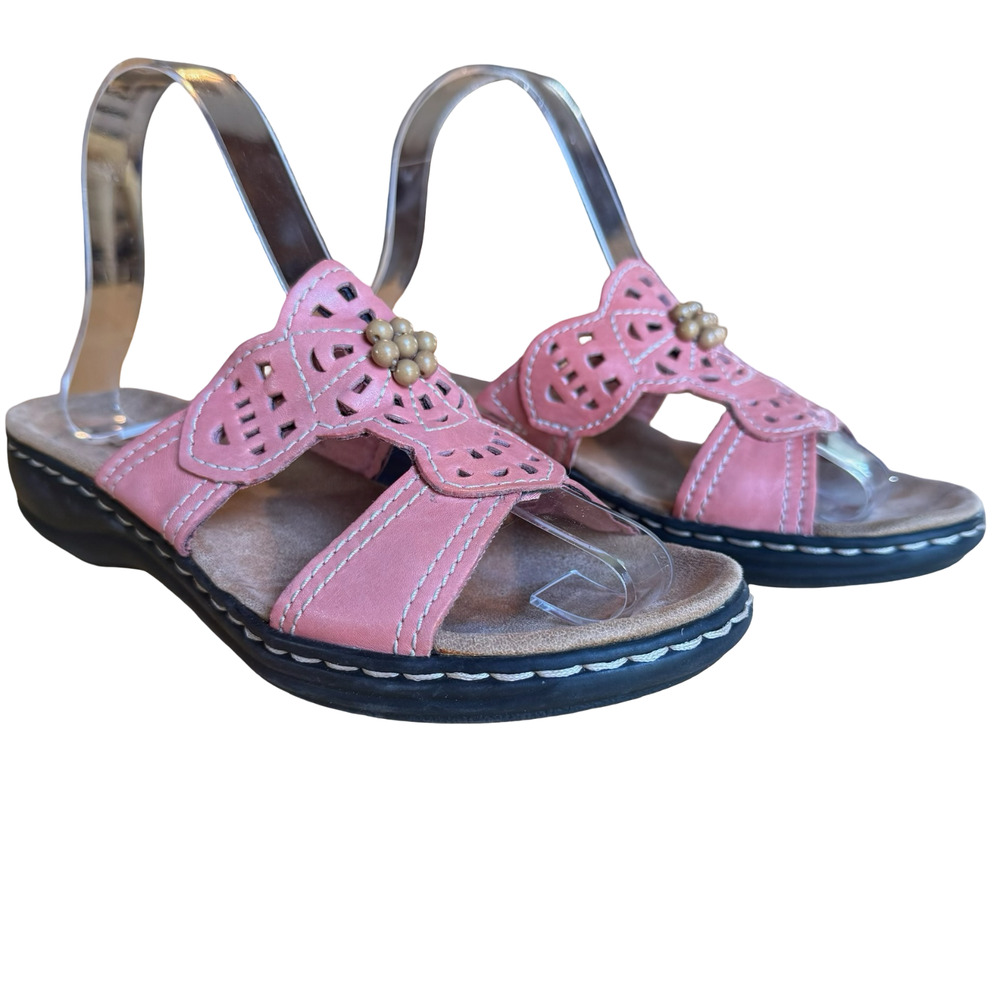 Clarks Lexi Walnut Coral Pink Beaded Slip On Sandals Shoes Slides Comfort sz 7.5